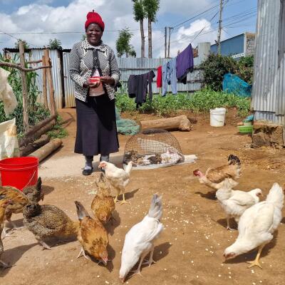EFL project participant feeding her chickens after the poultry training
