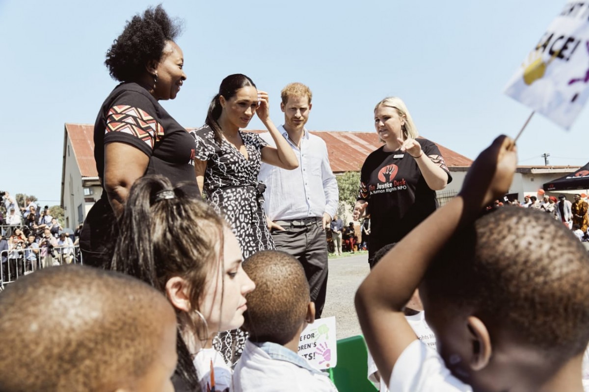 The Duke and Duchess of Sussex with Founder and CEO Jessica Dewhurst of The Justice Desk project in Cape Town, South Africa